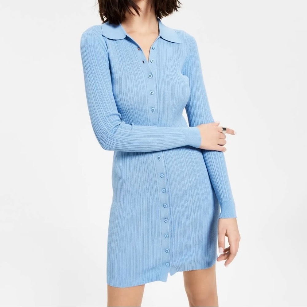 Leyden Ribbed Knit Shirt Dress Blue‎ Medium NWT Bodycon